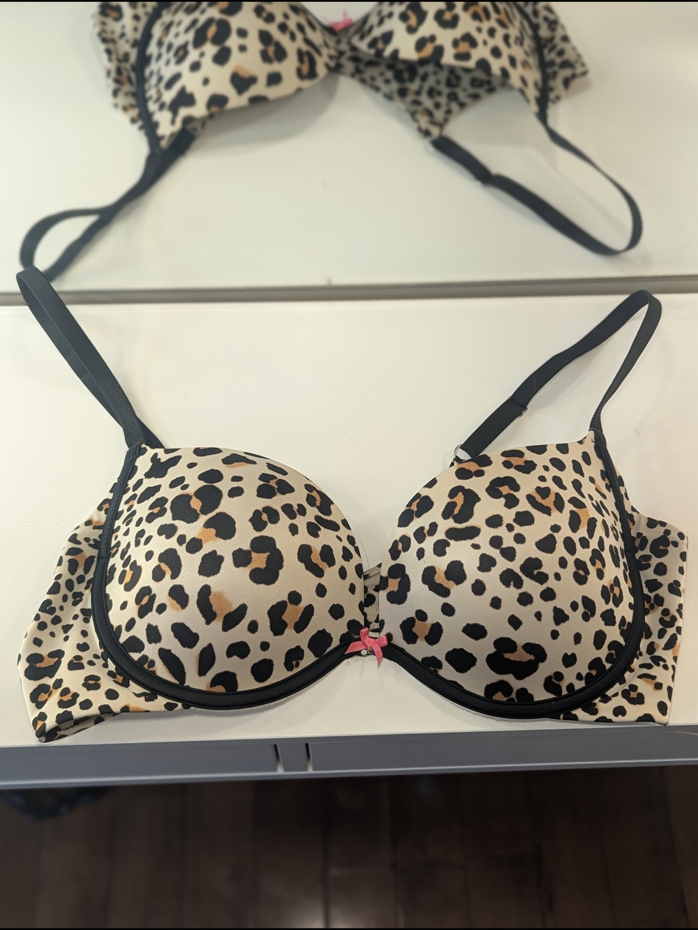 Victoria's Secret Leopard Print Push-Up Bra with Black Trim and Pink Accent